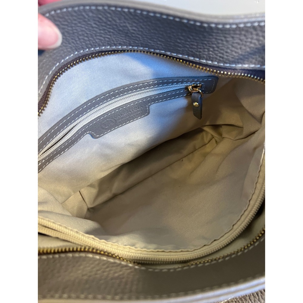 Valentina Grey Pebbled Genuine Leather Shoulder Bag Made in Italy Hobo Purse - Picture 10 of 12